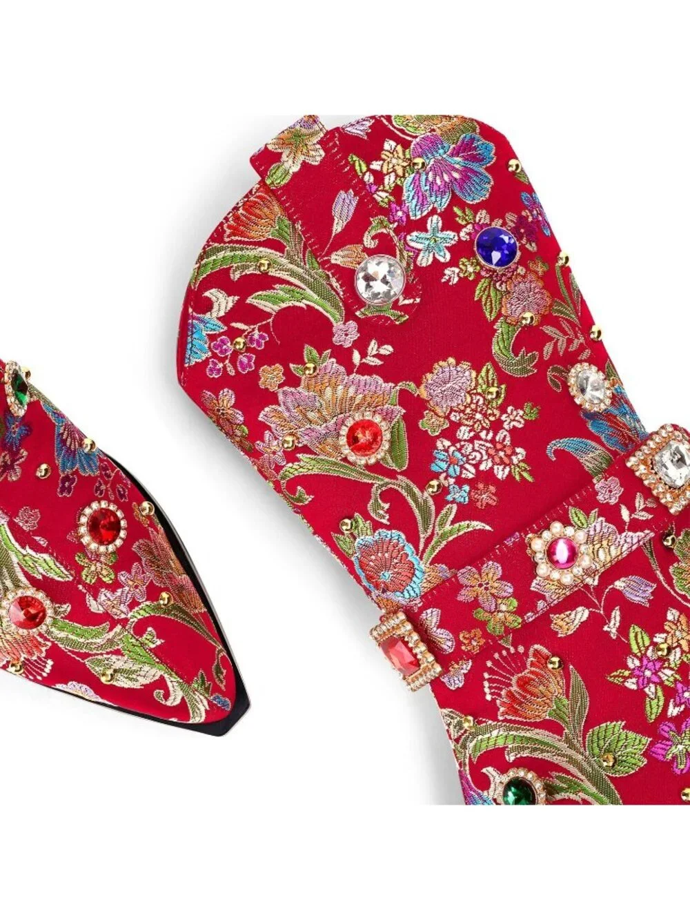 Women's Red Western Floral Embroidery Rhinestone Sparkly Cowgirl Mid Calf Boot